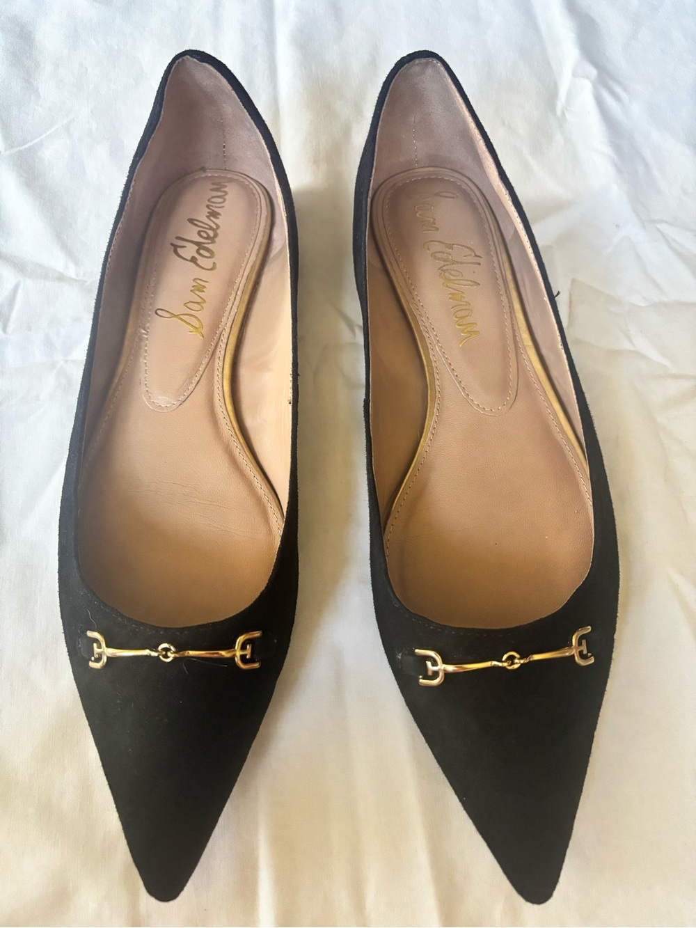 Sam Edelman Nori Black Suede Pointed Flats with Gold Horsebit Trim
